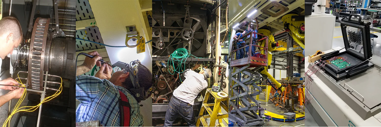 Technicians instrumenting a vehicle and a test rig with strain gages
